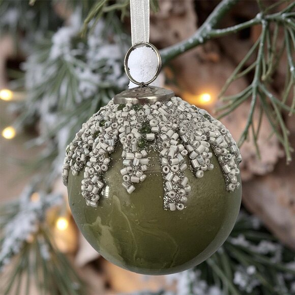 Set of 4 Green Glass Embellished Christmas Ornaments by 34th & Pine - 2-1/2" - Picture 1 of 9